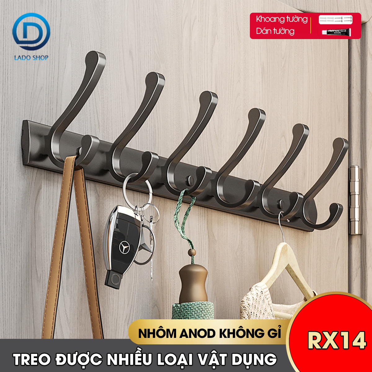 Móc treo tường RX14 Nhôm anod không rỉ, móc treo quần áo phòng ngủ, phòng khách, nhà tắm, nhà bếp, móc treo sau cửa