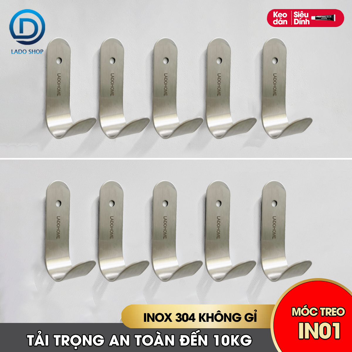 Móc đơn dán tường inox 304 không gỉ kèm keo dán IN01 | Lado Home