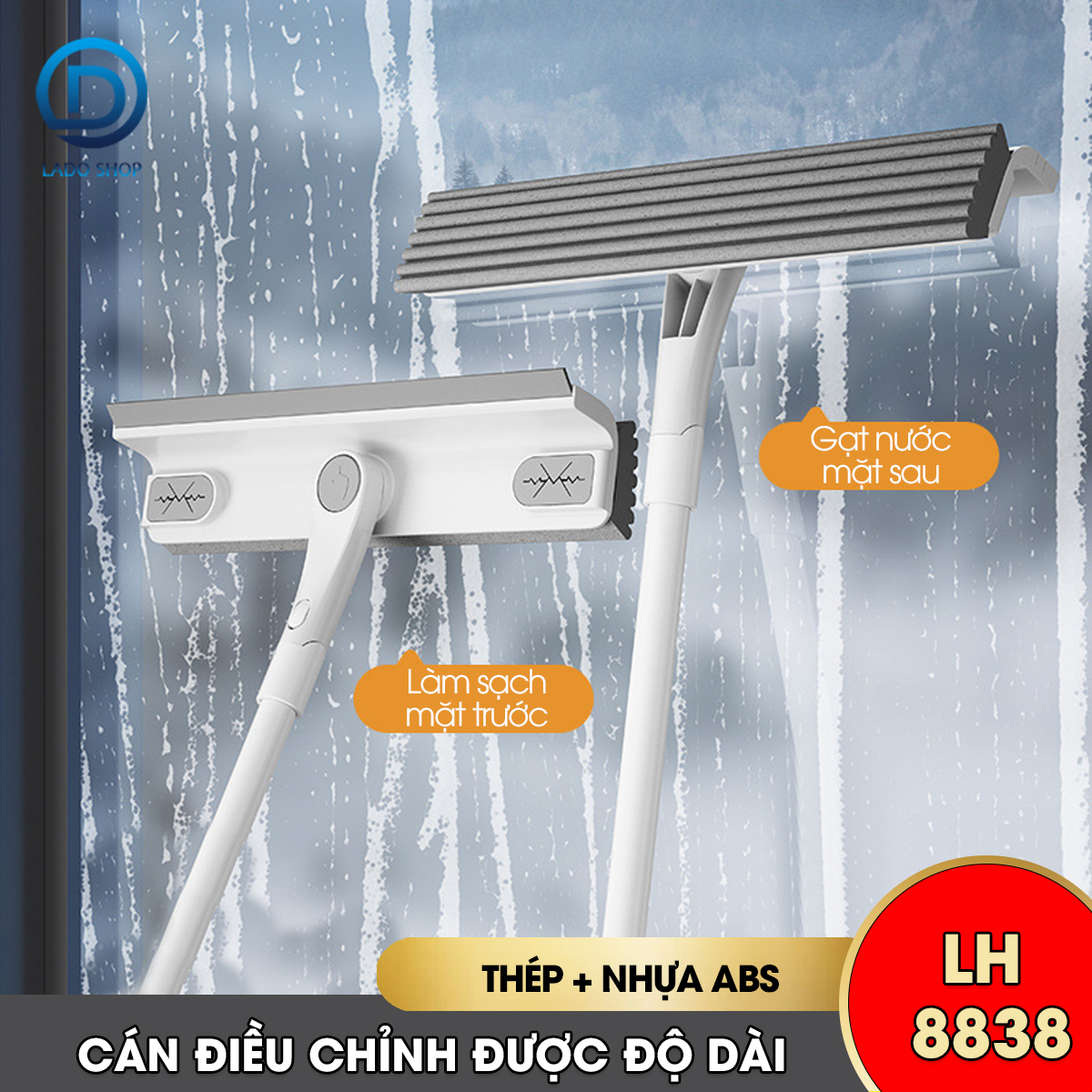 Cây lau kính, gạt chùi kính 2 trong 1 cán dài điều chỉnh tối đa 1.3 mét LH-8838