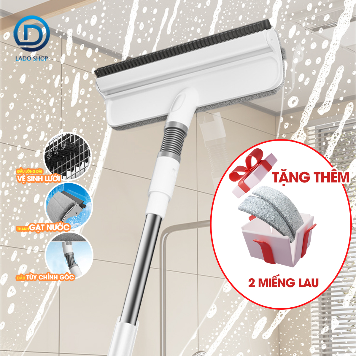 Cây lâu kính C10, lau cửa sổ kính kết hợp gạt nước và chà bùi bẩn + Tặng kèm 2 miếng lau thay thế