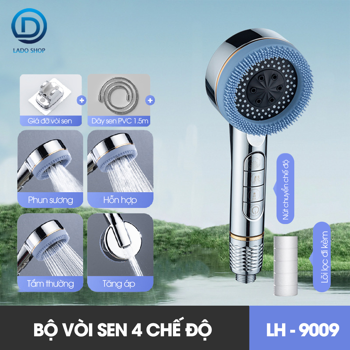 Bộ vòi sen tăng áp 4 chế độ LH-9009 có đầu massage, nhựa ABS cao cấp, dùng được nóng lạnh đi kèm dây ống 1.5m và giá đỡ