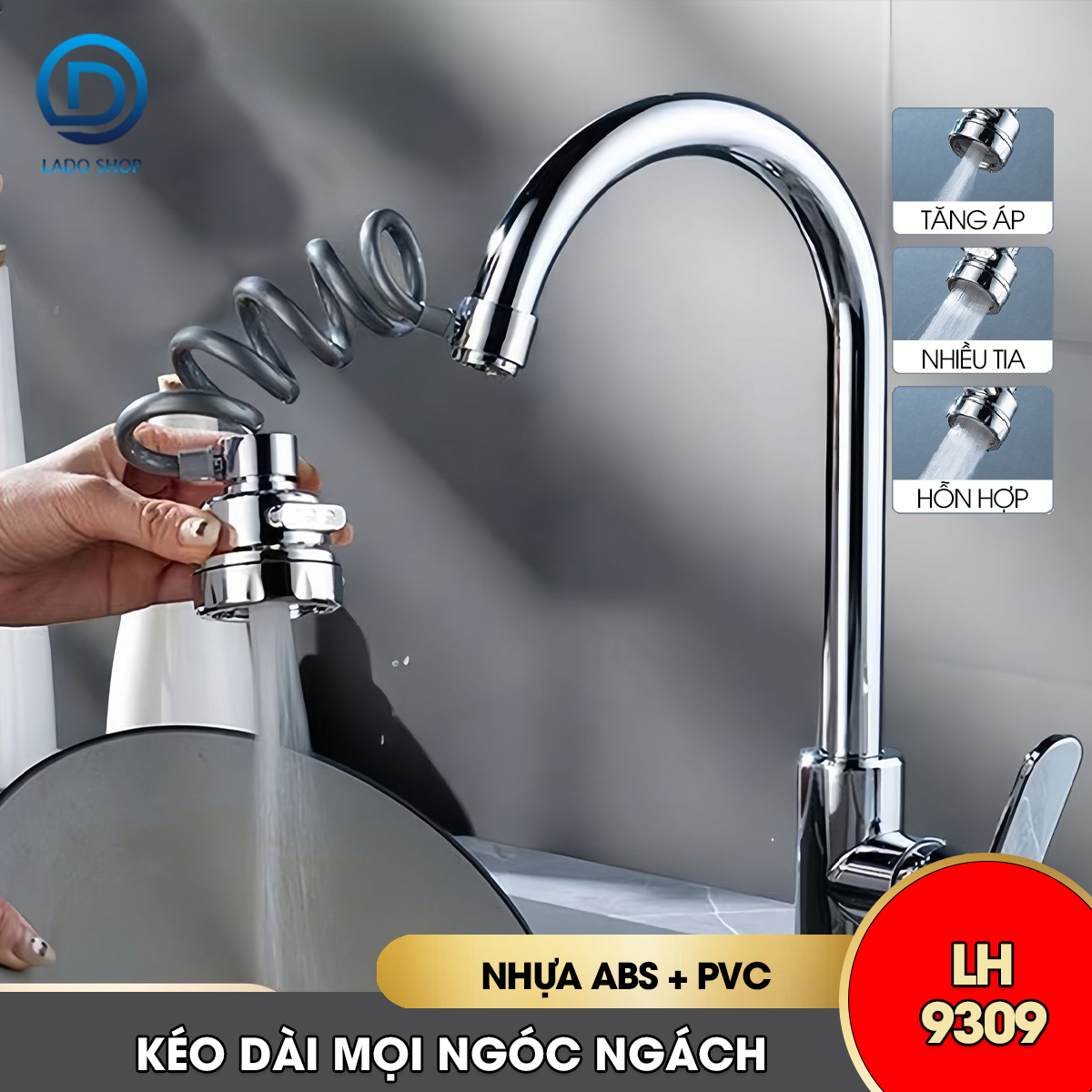 Đầu vòi tăng áp gắng bồn rửa chén lavabo LH-9309 dây lò xo kéo dài mọi ngóc ngách