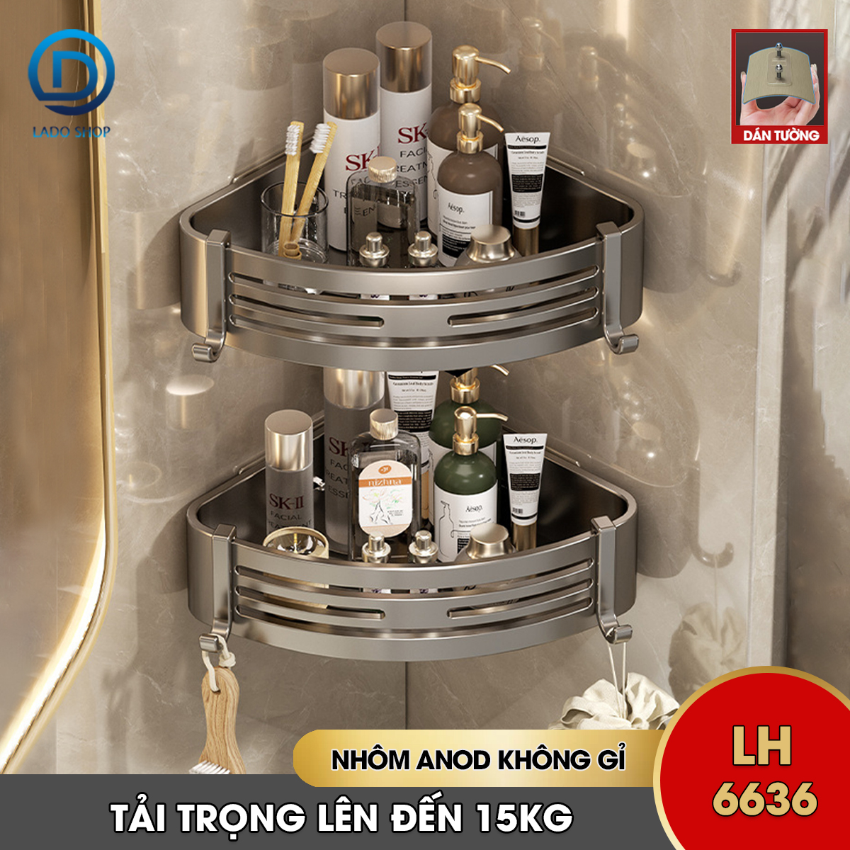 Kệ treo góc tường nhà tắm nhà bếp loại to miếng dán đôi LH-6636 Nhôm Anod không rỉ