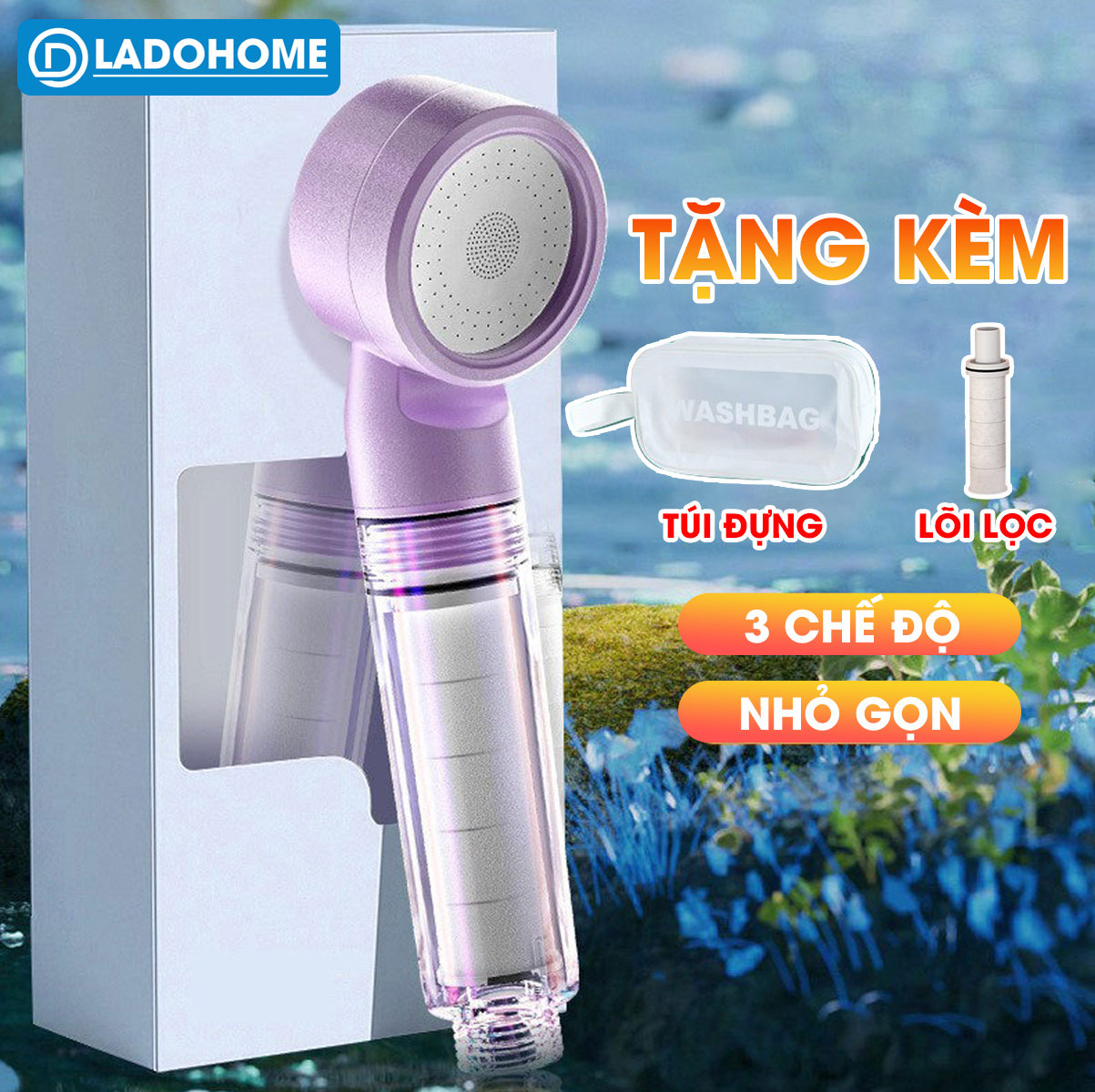 Vòi tắm hoa sen di động, vòi sen du lịch, vòi sen cầm tay có lõi lọc kèm túi đựng tiện lợi LD-9015