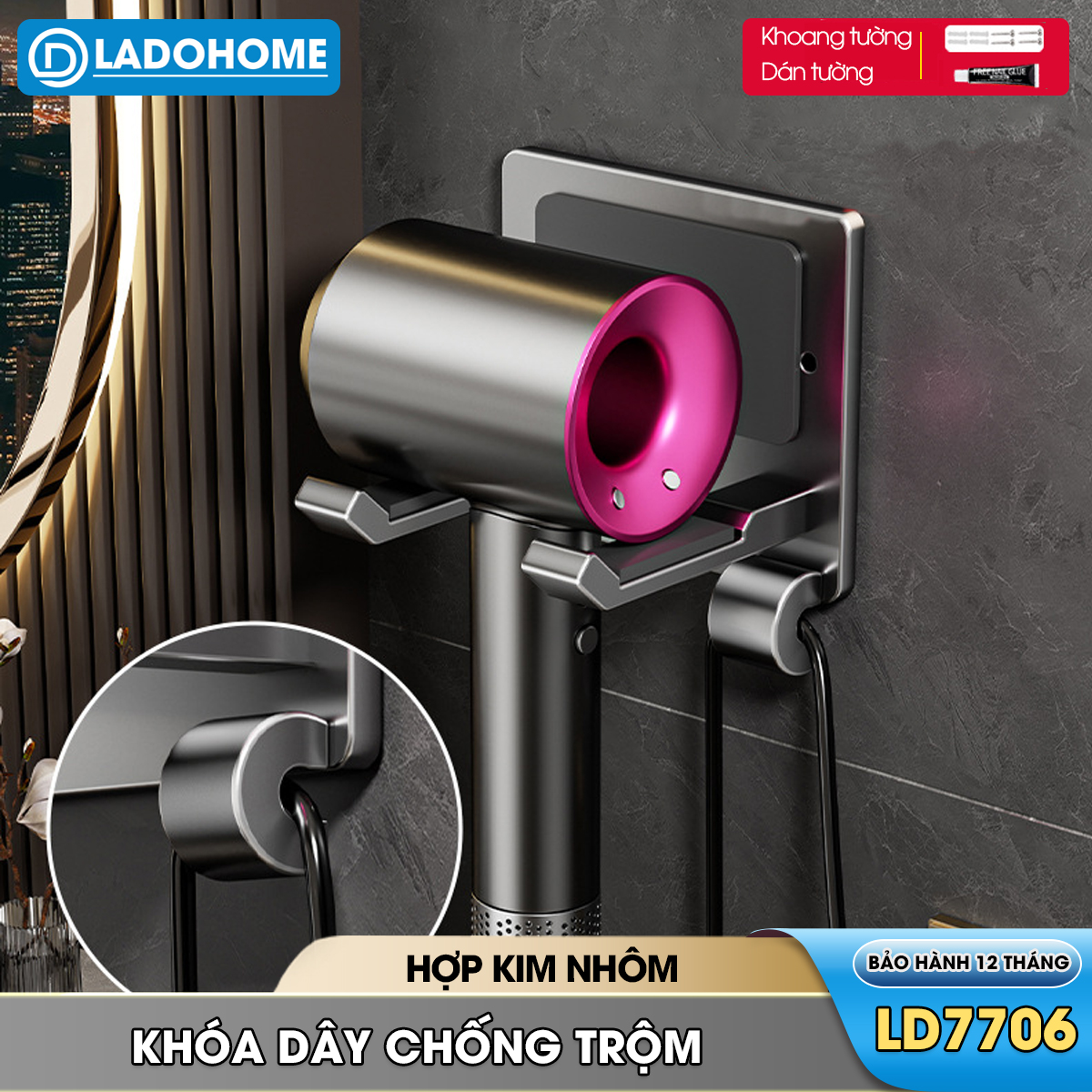 Giá treo máy sáy tóc chống trộm dán tường LD-7706 nhôm hợp kim không rỉ