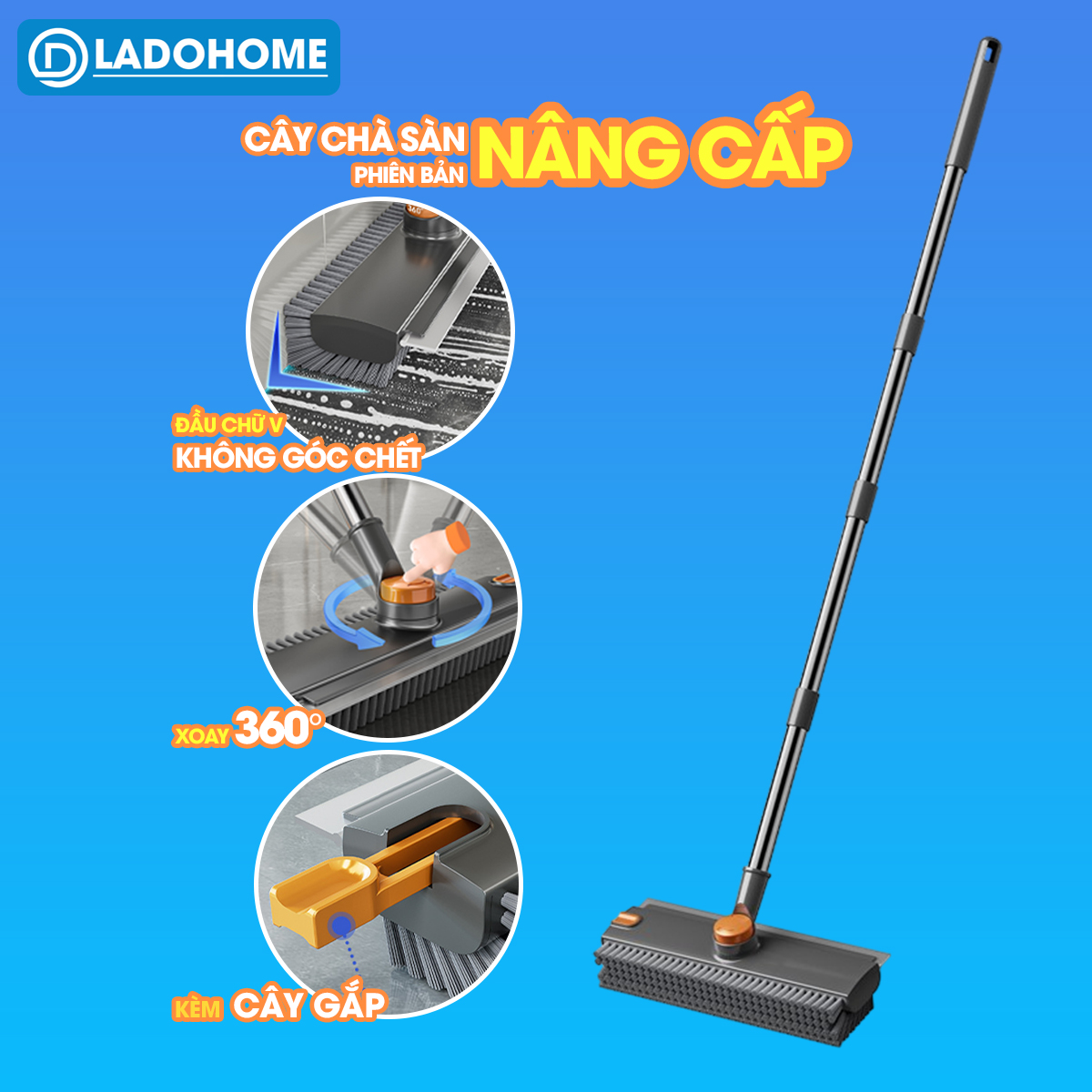 Cây chà sàn C16, chổi chà cọ sàn và gạt nước 2 trong 1, phiên bản nâng cấp với mặt bàn chải mở rộng chữ V chà mọi góc nghách