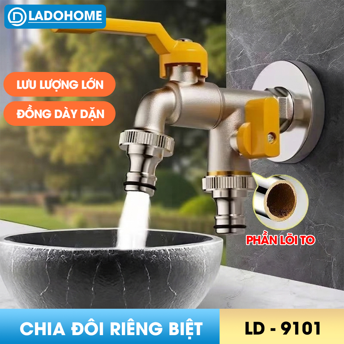 Vòi nước xả lưu lượng lớn cao cấp LD-9101, vòi xả hồ, vòi cho máy giặt, vòi nước ngoài trời sân vườn lõi to (Ren 21)