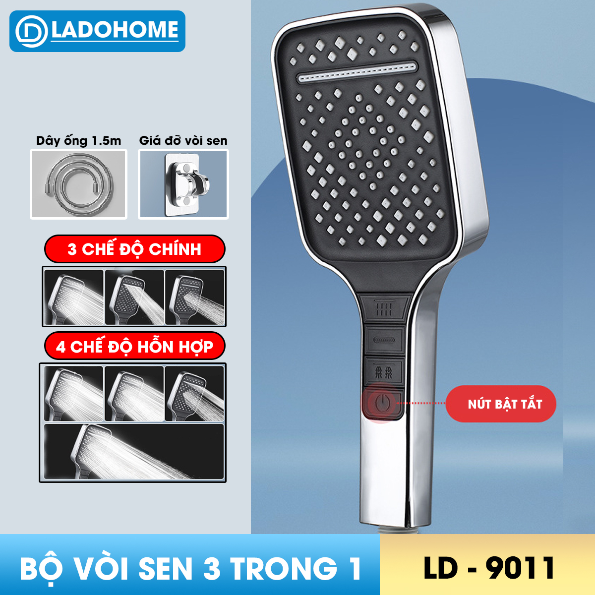 Vòi sen tăng áp bản to hiện đại 7 chế độ LD-9011, lưu lượng nước lớn và chế độ nút bấm dễ sử dụng