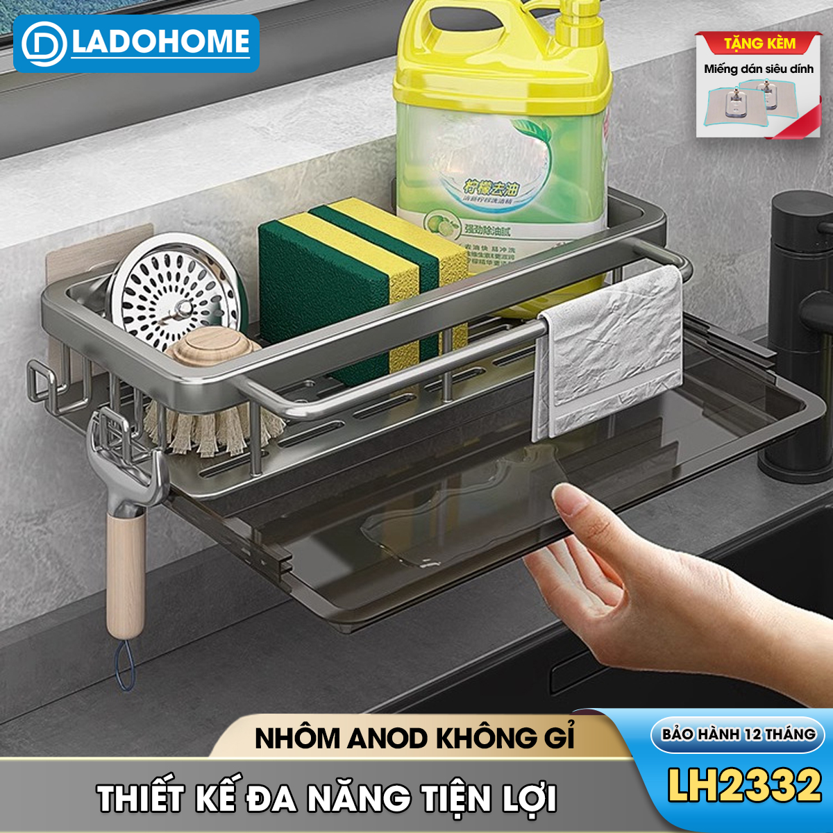 Kệ treo bồn rửa chén, kệ để nước rửa chén giẻ rửa bát nhà bếp LH-2232 Nhôm Anod không rỉ