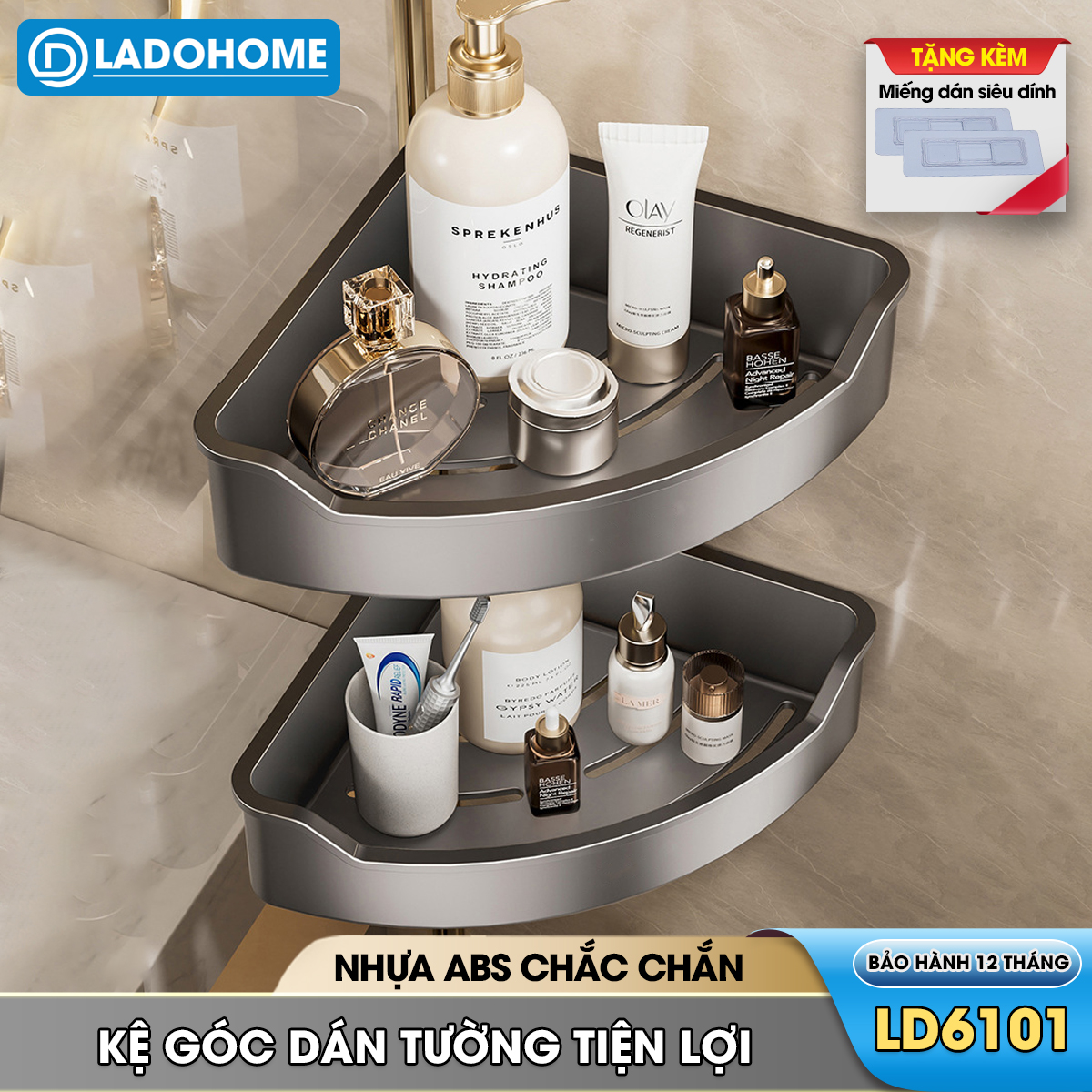 Kệ góc tường treo nhà tắm nhà bêp LD-6101, nhựa ABS siêu cứng cáp và bền bỉ