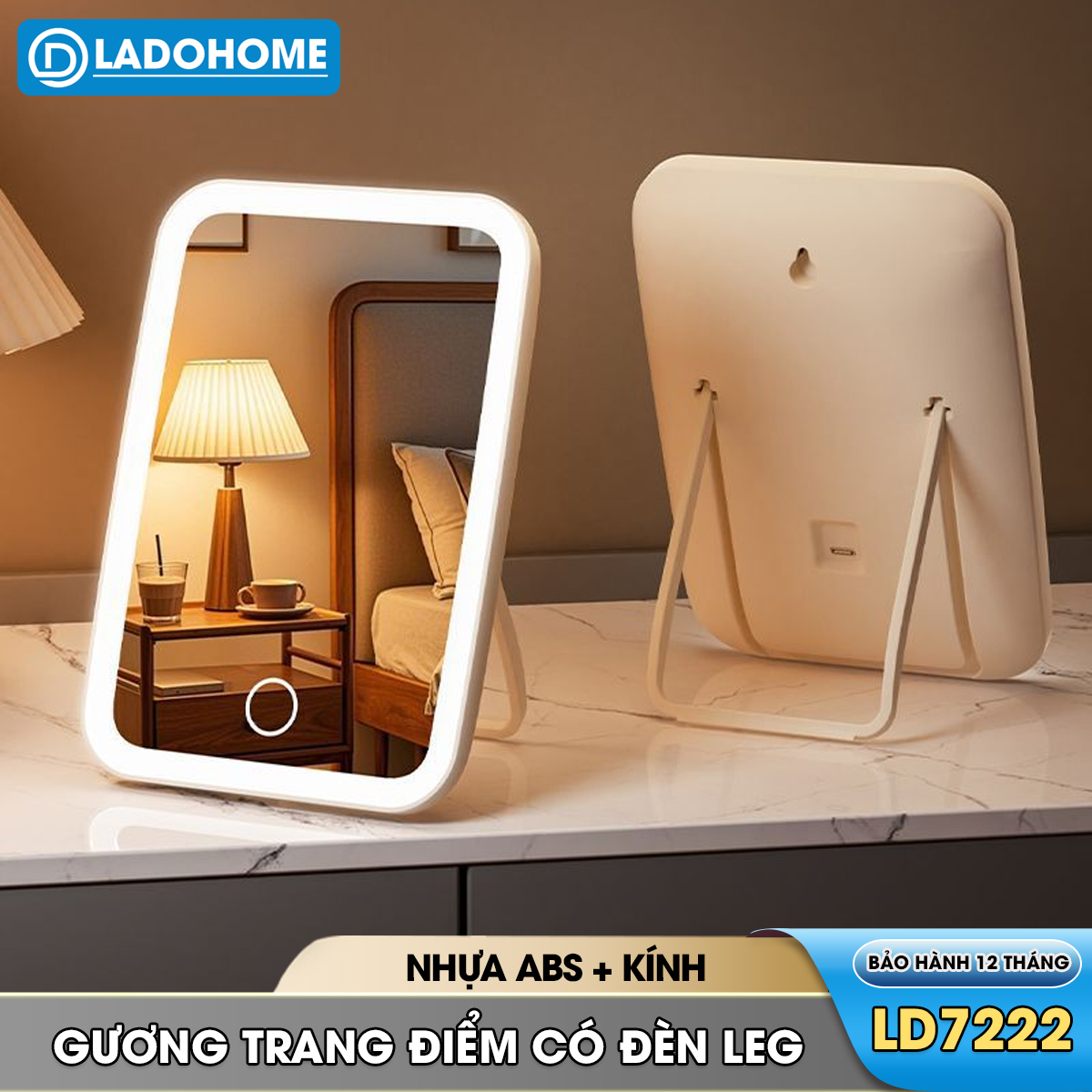 Gương trang điểm có đèn led LD-7222, gương để bàn gấp gọn di động, phù hợp sinh viên ở trọ, mang đi du lịch