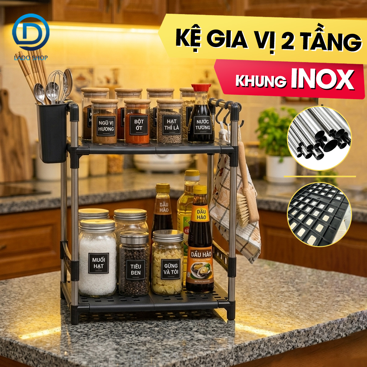 Kệ để gia vị 2 tầng nhà bếp LD-3641, tặng kèm ống đũa móc treo, khung inox không rỉ và đế nhựa PP siêu chắc