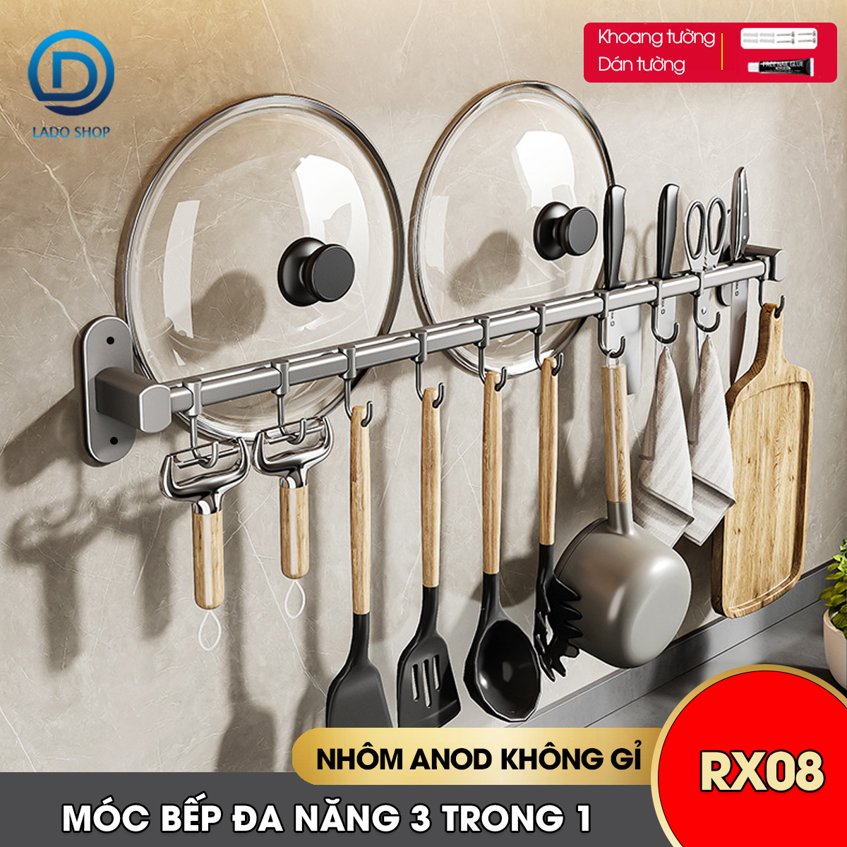 Móc treo nhà bếp đa năng có rảnh để dao và gác nắp nồi Nhôm Anod không rỉ RX08