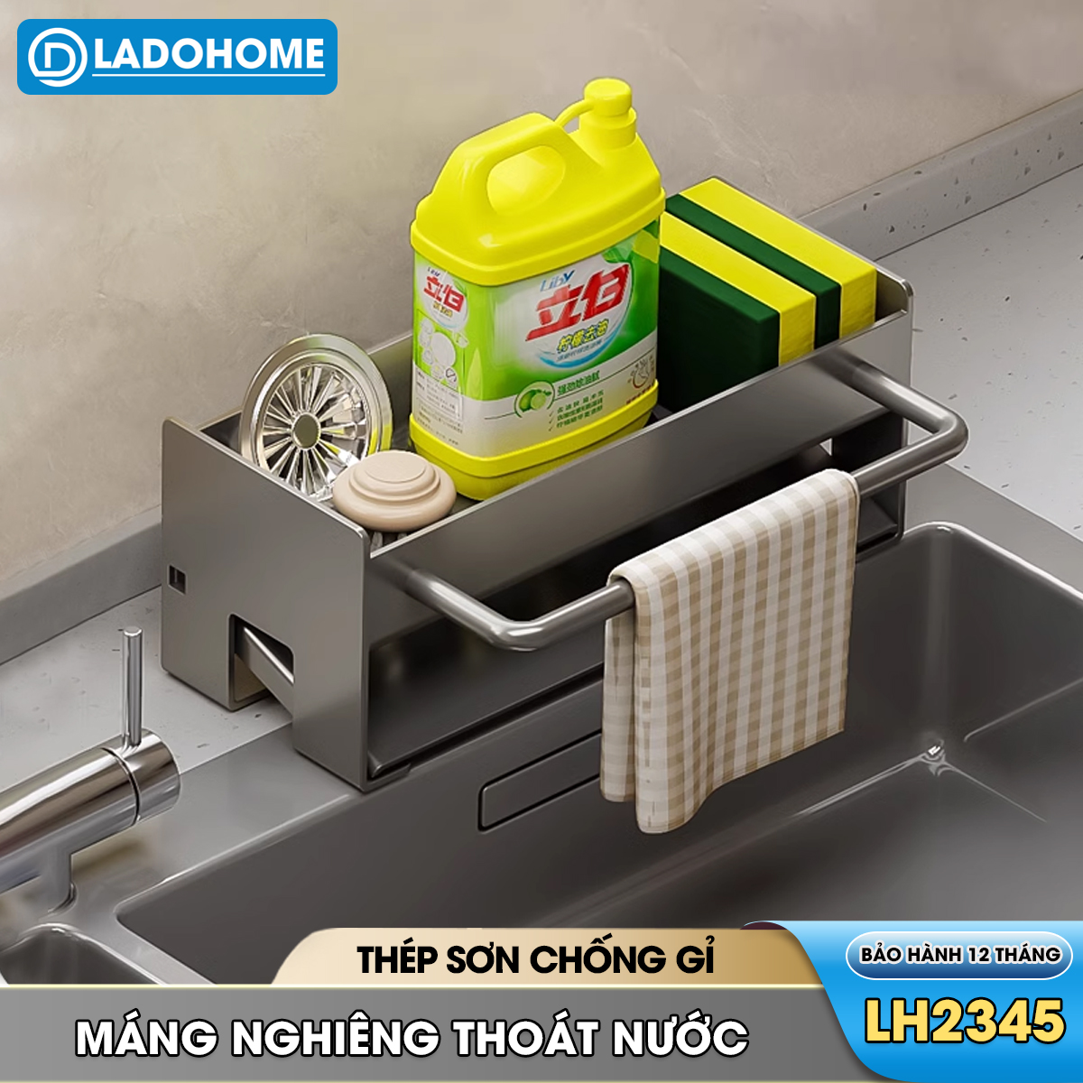 Kệ để đồ rửa chén, nước rửa chén bát, giẻ lau để bồn rửa LH-2345 thép carbon sơn nhiệt chống rỉ sét