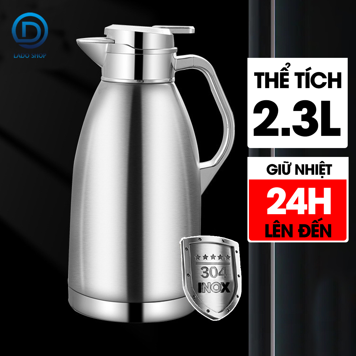 Bình giữ nhiệt, ấm giữ nhiệt loại lớn 2.3L phong cánh châu Âu LH-2439, thời gian giữ nhiệt 24h, inox 304 cao cấp
