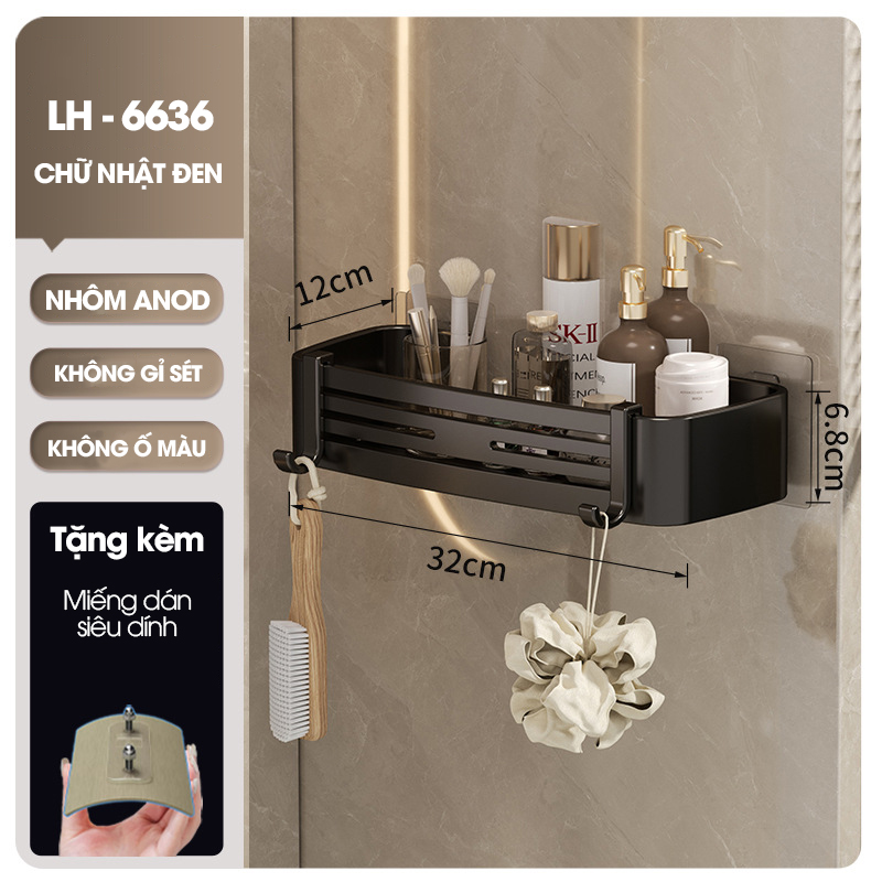 Kệ treo góc tường nhà tắm nhà bếp loại to miếng dán đôi LH-6636 Nhôm Anod không rỉ