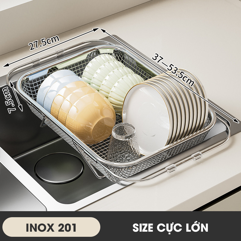 Rổ Inox treo bồn rửa chén, khay úp chén, khay rửa rau có thể điều chỉnh kích thước LD-2448