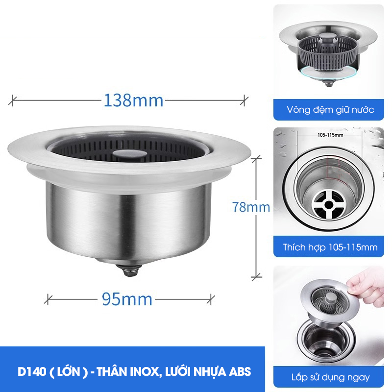 Bộ lọc thoát nước cho bồn rửa chén, nắp thoát chậu rửa nhà bếp LH-2504, chất liệu inox và đồng không rỉ cao cấp