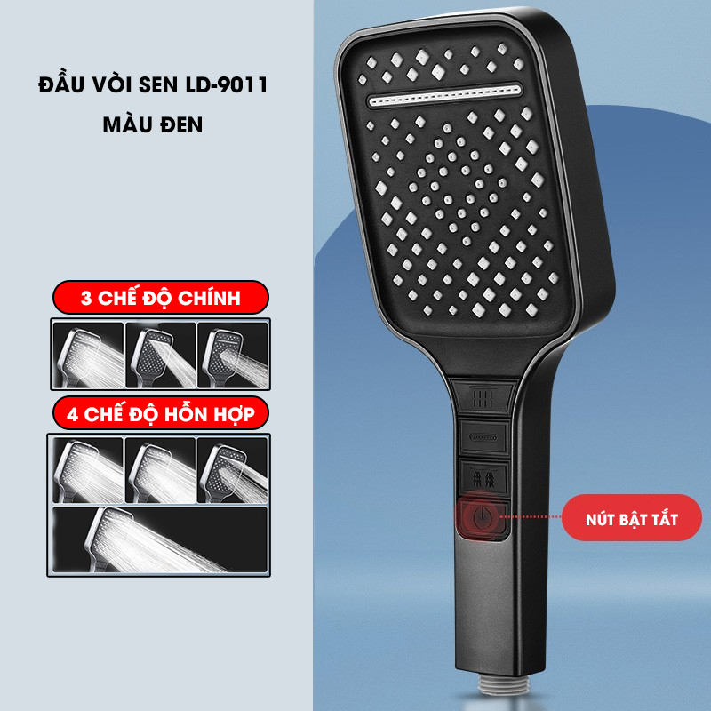 Vòi sen tăng áp bản to hiện đại 7 chế độ LD-9011, lưu lượng nước lớn và chế độ nút bấm dễ sử dụng