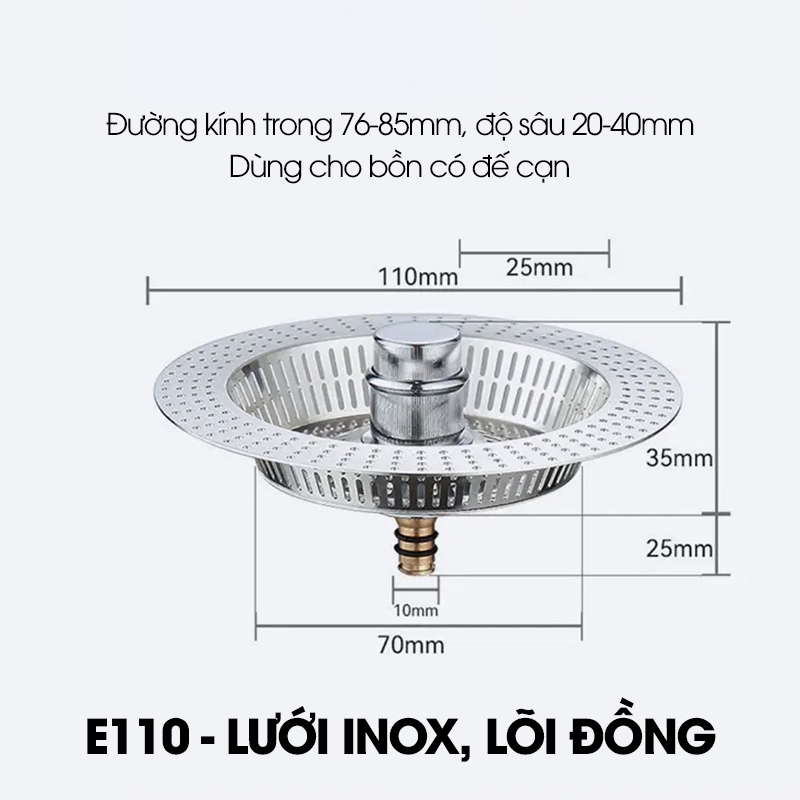 Bộ lọc thoát nước cho bồn rửa chén, nắp thoát chậu rửa nhà bếp LH-2504, chất liệu inox và đồng không rỉ cao cấp
