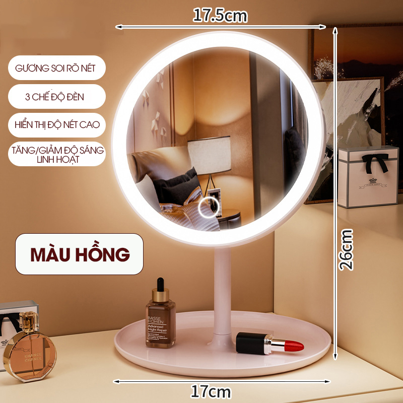 Gương trang điểm có đèn led LD-7222, gương để bàn gấp gọn di động, phù hợp sinh viên ở trọ, mang đi du lịch