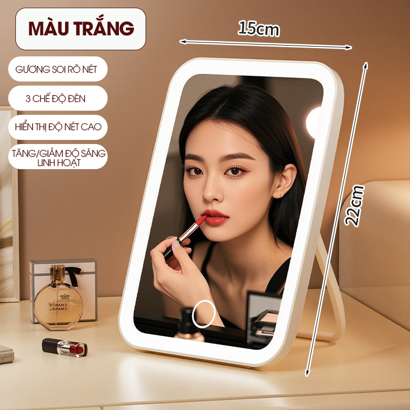 Gương trang điểm có đèn led LD-7222, gương để bàn gấp gọn di động, phù hợp sinh viên ở trọ, mang đi du lịch