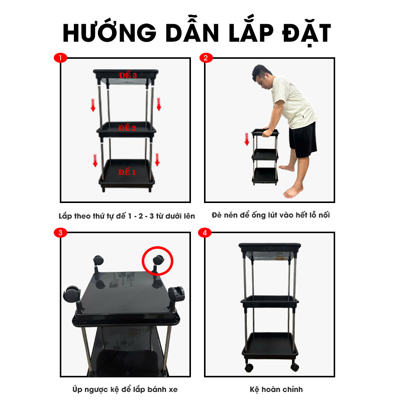 Kệ 3 tầng có bánh xe để đồ đa năng LD-3644, kệ đẩy gia đình, spa, tiệm nail gội đầu khung INOX không rỉ