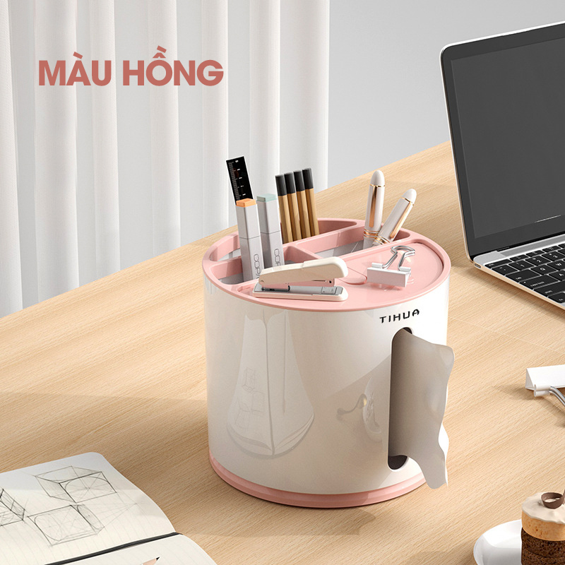 Hộp khăn giấy hộp đựng bút để bàn nhiều ngăn có thể xoay 360 TIHUA T9002