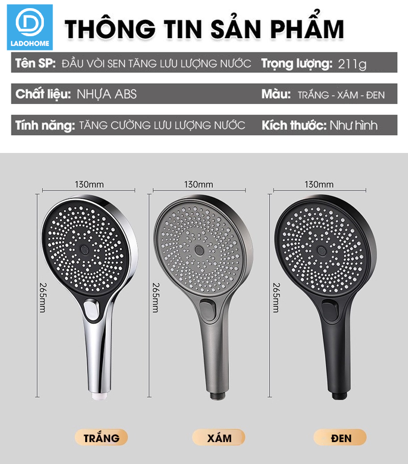 Vòi sen điều áp bản lớn 3 chế độ LD-9016, tăng lưu lượng nước và nút bấm dễ sử dụng