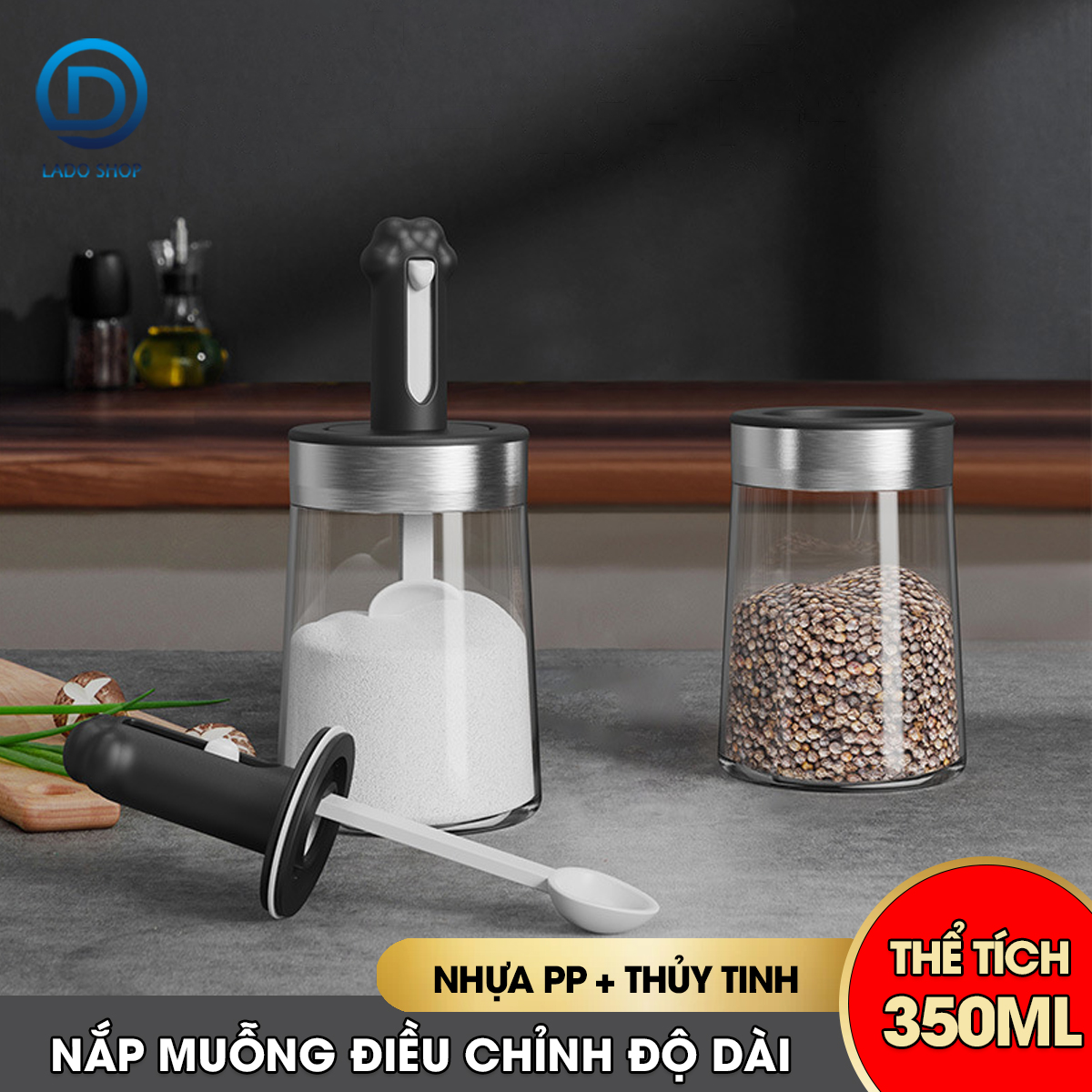 Hủ gia vị thủy tinh 350ml có thể điều chỉnh độ dài của muỗng TLG042-1