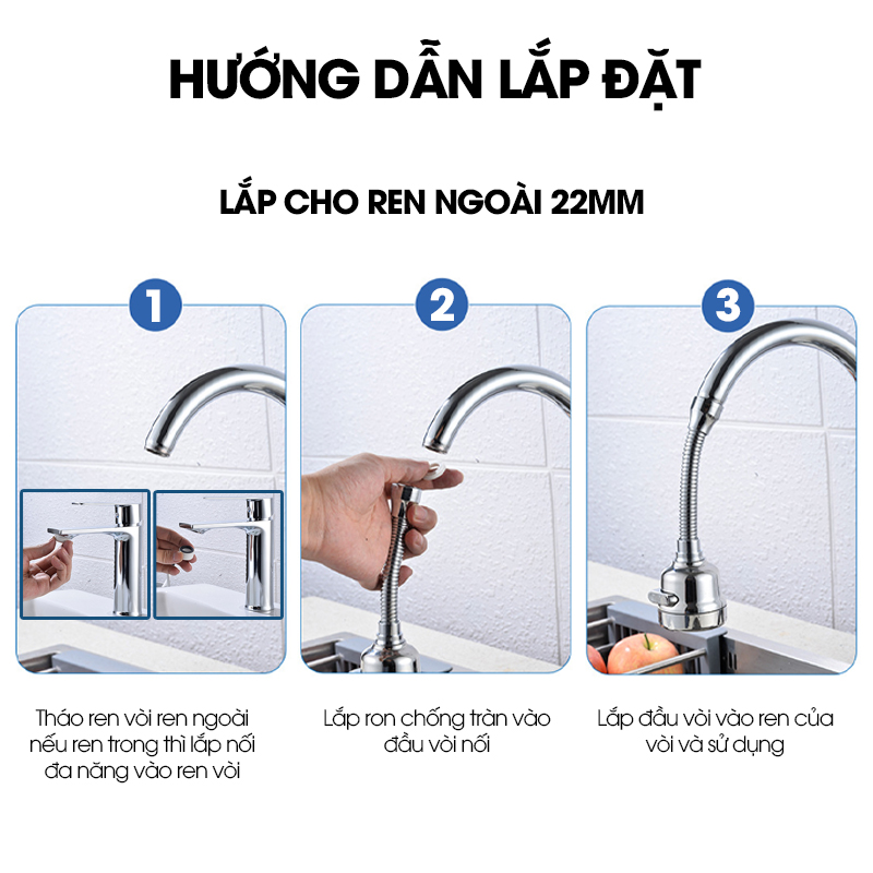 Đầu vòi cổ dài tăng áp 3 cấp độ gắng vòi rửa chén, dễ dàng xoay đến mọi ngóc ngách của bồn rửa