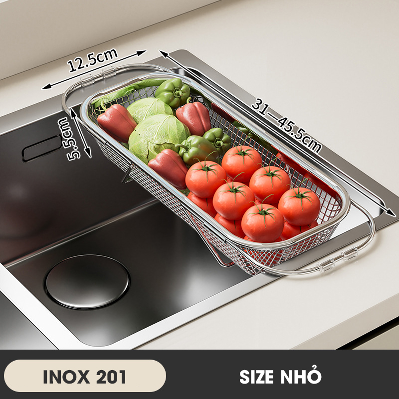 Rổ Inox treo bồn rửa chén, khay úp chén, khay rửa rau có thể điều chỉnh kích thước LD-2448