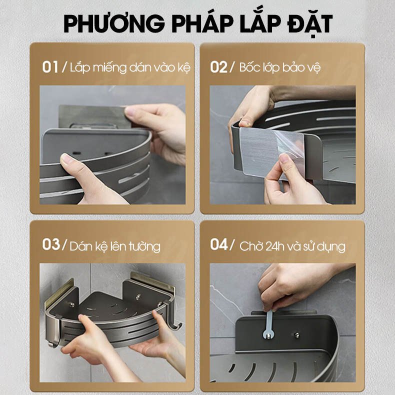 Kệ treo góc tường nhà tắm nhà bếp loại to miếng dán đôi LH-6636 Nhôm Anod không rỉ