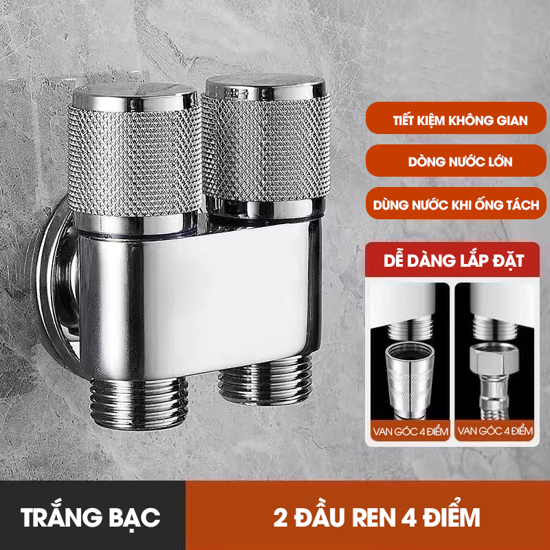 Van chia nước đầu nguồn 2 đầu ra có khóa độc lập LD-9105, inox 304 mạ điện cao cấp bóng đẹp không rỉ