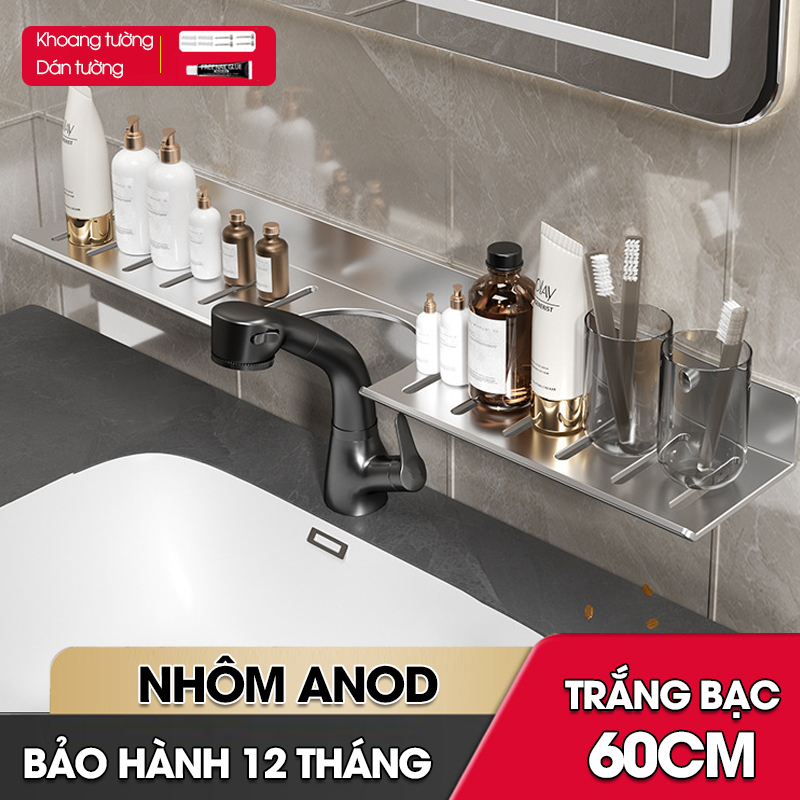 Kệ lắp bồn rửa mặt nhà tắm, giá để đồ trước gương LH-5588 Nhôm Anod không rỉ + tăng kèm keo dán + tắt kê ốc vít