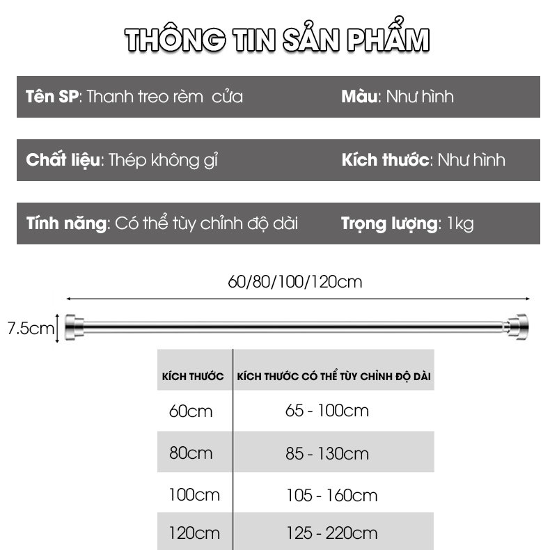 Thanh treo rèm nhà tắm, cửa sổ, ban công thanh treo quần áo thép không rỉ
