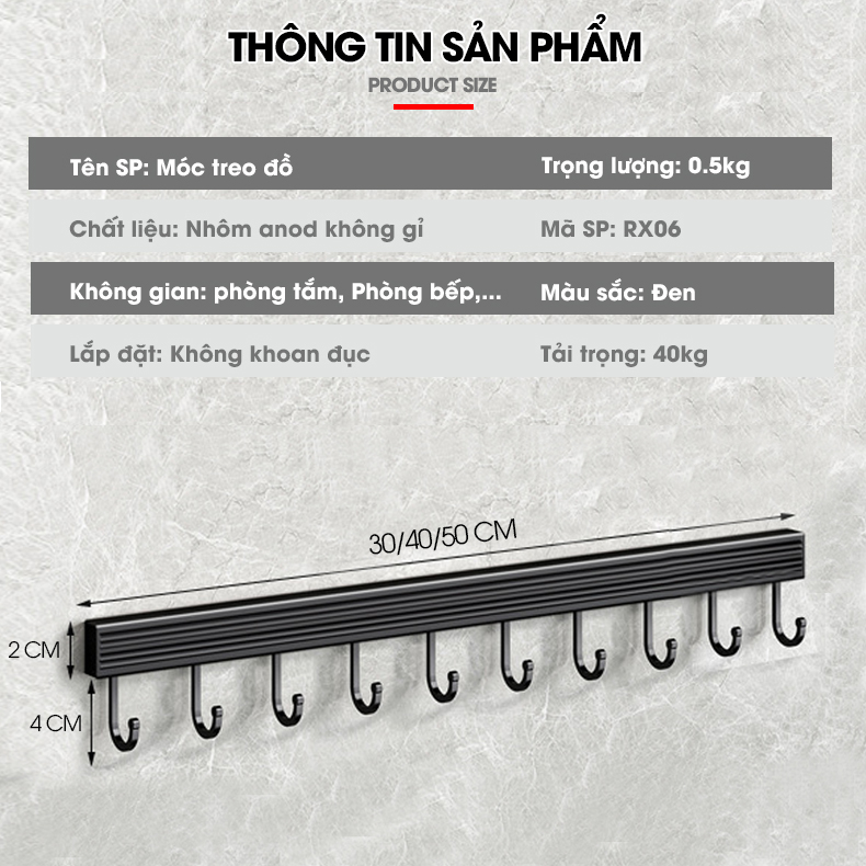 Móc treo đồ nhà bếp nồi xoong dao kéo RX06 Nhôm Anod không rỉ