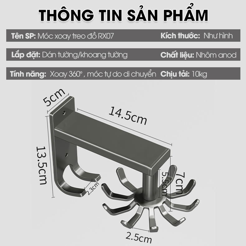 Móc xoay 360 treo đồ nhà bếp RX07 Nhôm Anod không rỉ