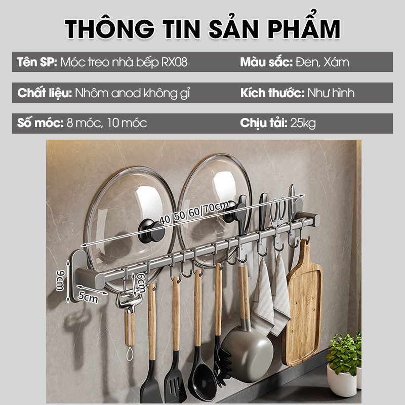 Móc treo nhà bếp đa năng có rảnh để dao và gác nắp nồi Nhôm Anod không rỉ RX08