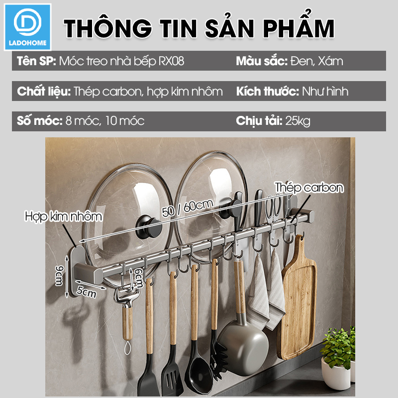 Móc treo nhà bếp đa năng có rảnh để dao và gác nắp nồi Nhôm Anod không rỉ RX08