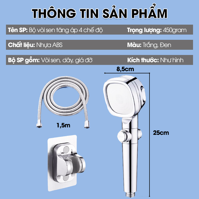 Bộ vòi sen tăng áp 4 chế độ SQ-9002 nhựa ABS + kèm lõi lọc, ống nối 1.5m và giá đỡ