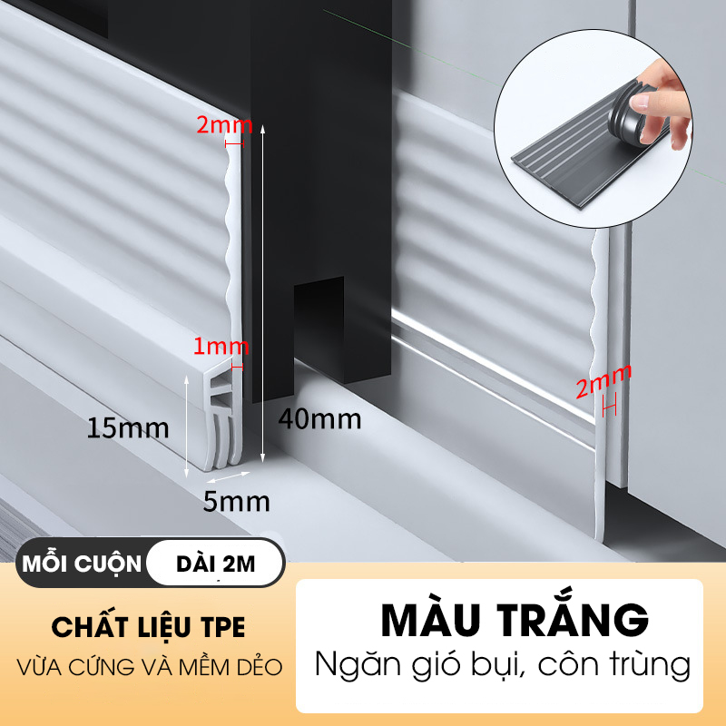 Chặn khe cửa sổ, cửa lùa, cửa sổ đường ray hoặc cửa đóng mở có sẵn keo dán giúp ngăn gió bụi, côn trùng và cách âm