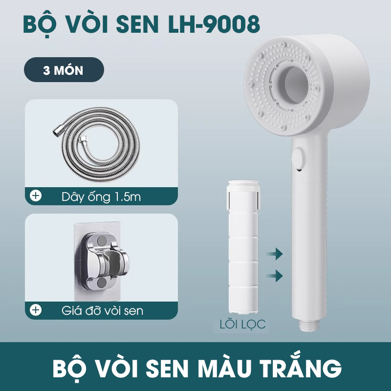 Bộ vòi sen điều áp 5 chế độ LH-9008 nhựa ABS cao cấp, lắp được cho nước nóng lạnh, có lõi lọc + dây ống 1.5m và giá đỡ