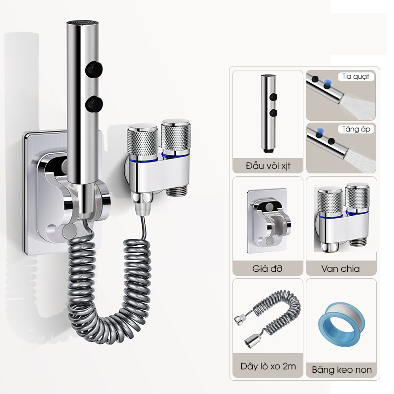 Bộ vòi xịt vệ sinh, toilet cao cấp LH-9424 thép không rỉ, lõi đồng + dây lò xo 2m, giá đỡ dán tường, van chia chữ H