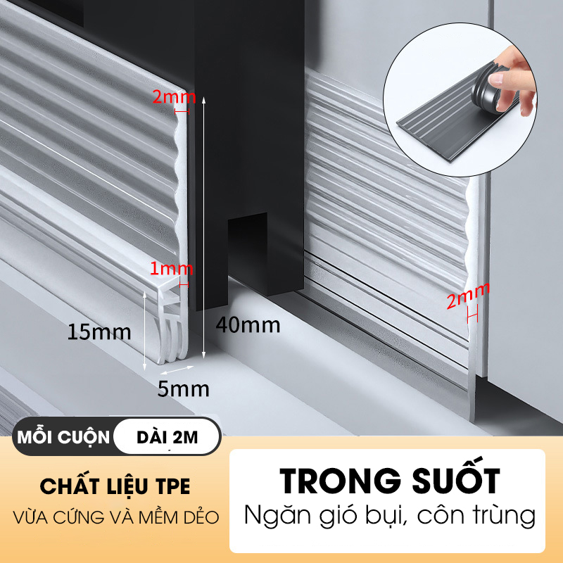 Chặn khe cửa sổ, cửa lùa, cửa sổ đường ray hoặc cửa đóng mở có sẵn keo dán giúp ngăn gió bụi, côn trùng và cách âm