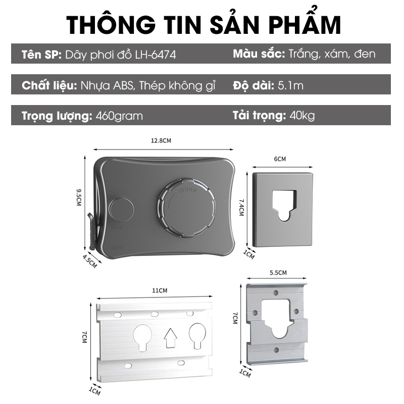 Dây phơi quần áo dây rút vô hình LH-6474 treo trong phòng tắm ngoài ban công ngoài trời dài tới 5.1m