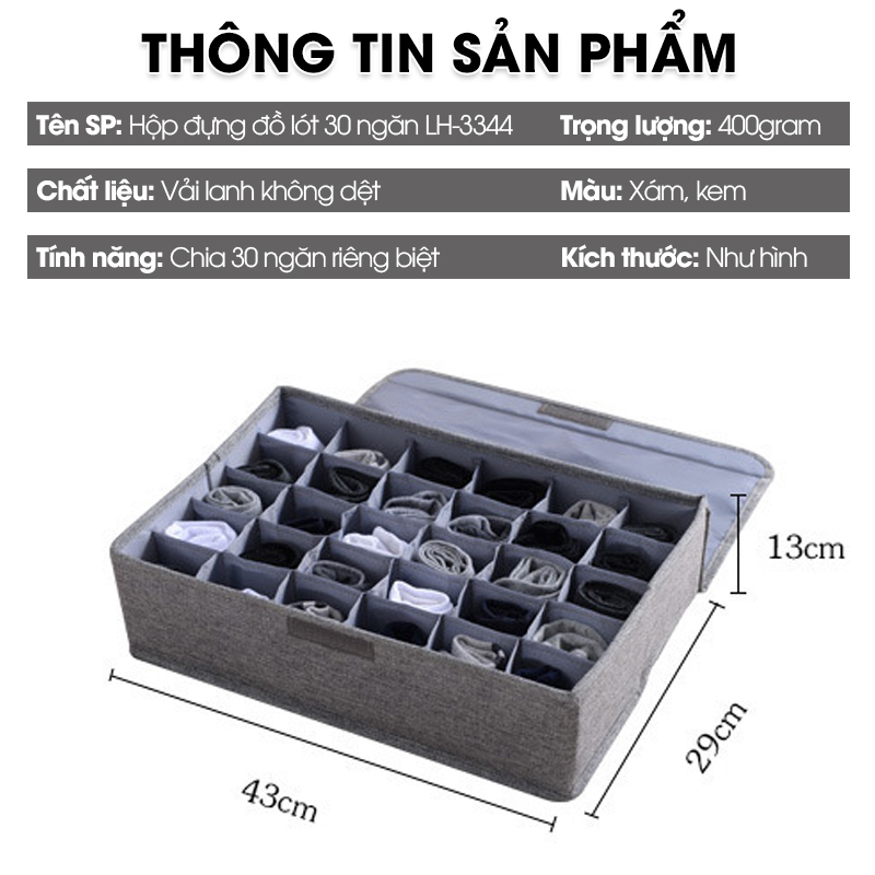 Hộp đựng đồ lót 30 ngăn có nắp đậy khóa kéo chống ẩm chống bụi LH-3344