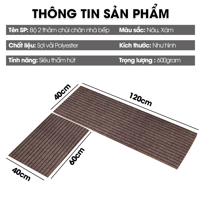 Bộ 2 thảm chùi chân nhà bếp chống trượt thấm hút dầu mỡ và hút nước nhanh chóng, rảnh chìm và chống bám bụi hiệu quả