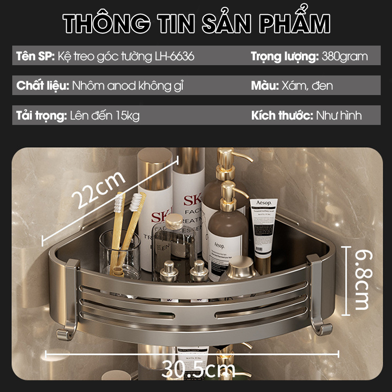 Kệ treo góc tường nhà tắm nhà bếp loại to miếng dán đôi LH-6636 Nhôm Anod không rỉ