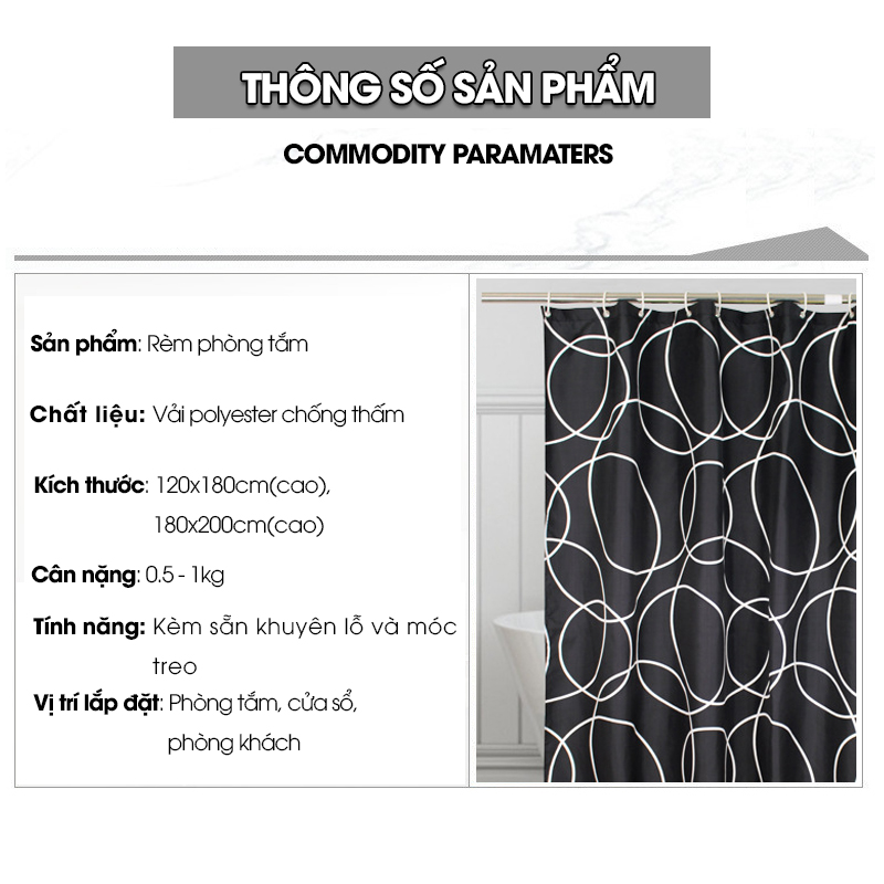 Rèm treo nhà tắm, màn che phòng tắm vải Poliester không thấm cao cấp họa tiết Vòng Tròn Trắng Đen